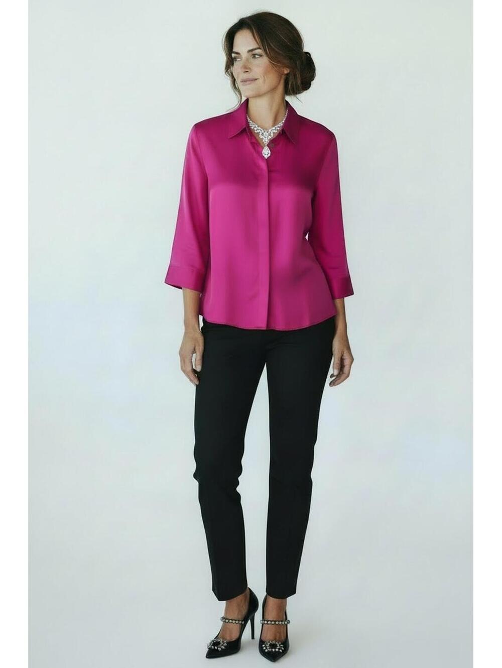 Chico's Women's Fuchsia Shangtung Topper with 3/4 Sleeves, Silk, Size 1 (US 8)